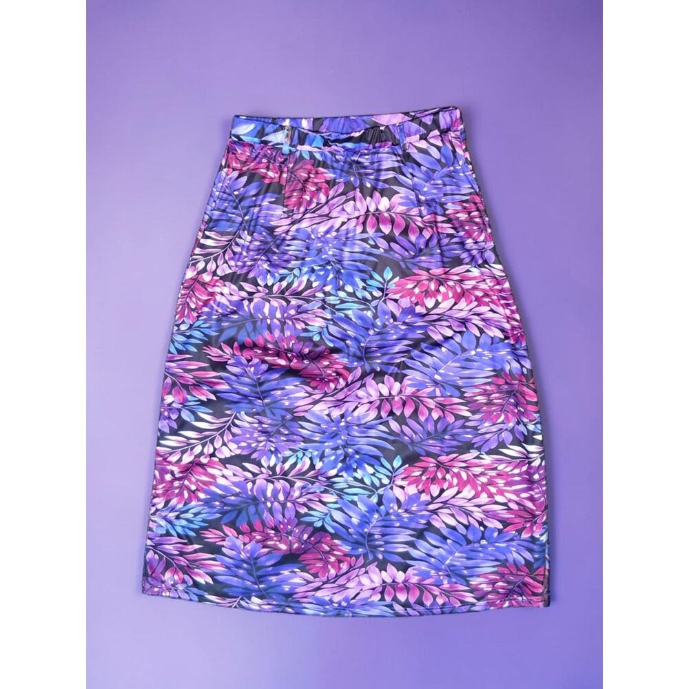 2X Purple Tropical Leaf Maxi Skirt with Pockets - Floral Elastic Waist Plus Size